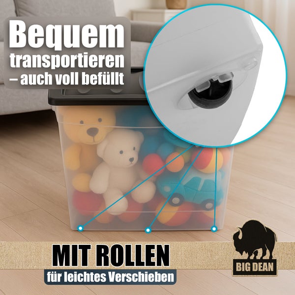 Durchsichtige Aufbewahrungsbox aus Kunststoff mit schwarzem Deckel und Rollen für einfachen Transport von Big Dean.