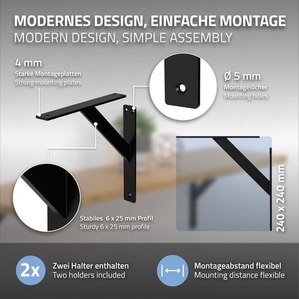 ML-Design 2 Stück Regalhalterung 240x240 mm, Schwarz, Aluminium, Schwebende Regalhalterungen, Regalwinkel, Wandhalterung für Regalbrett, Regalträger für Wandmontage, Wandregal Wandkonsole Regalstütze