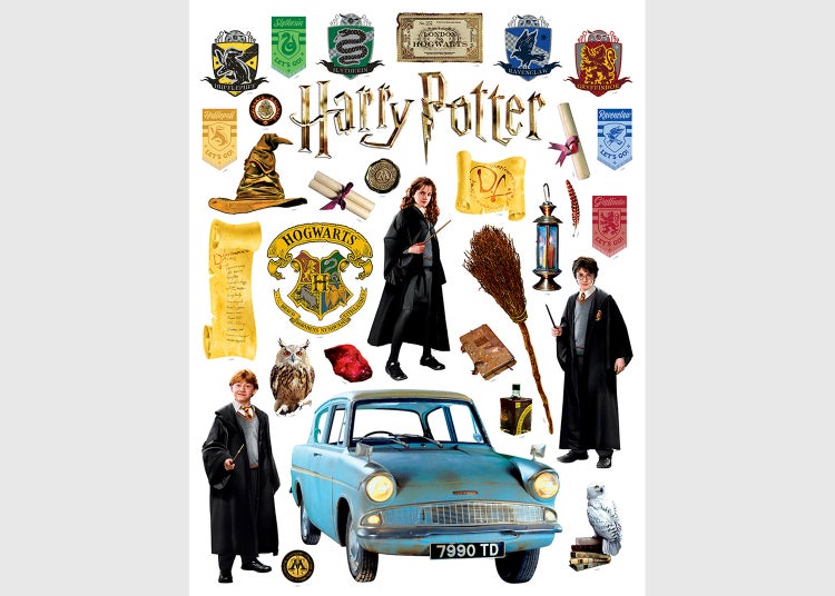 Harry Potter Wandsticker-Set mit Charakteren wie Harry, Hermine und Ron sowie Wappen der Hogwarts-Häuser und dem fliegenden Auto.
