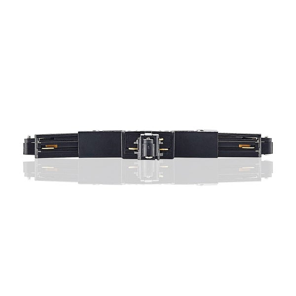 Schwarzer Längsverbinder für Stromschienen aus Kunststoff und Metall.