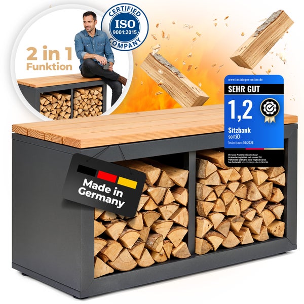 Sitzbank mit Holzablage und 'Made in Germany' Siegel