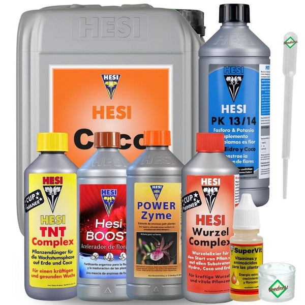 Hesi Pflanzendünger-Set bestehend aus TNT Complex, Wurzel Complex, Power Zyme, Boost, PK 13/14, SuperVit, Pipette und Messbecher.