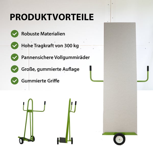 Platten- und Türheber mit Produktvorteilen: robuste Materialien, hohe Tragkraft von 300 kg, pannensichere Vollgummiräder, große, gummierte Auflage und gummierte Griffe.