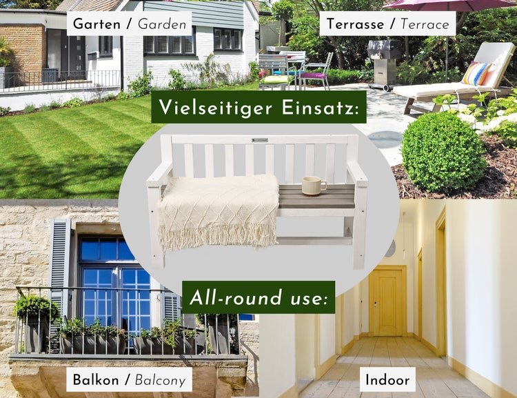 WONDERMAKE® Design Kinder-Gartenbank aus Holz wetterfest mit Textil-Abdeckung und Lehne, 2-Sitzer Kinderbank Holzbank Parkbank Kinder Sitzbank massiv Garten Outdoor, Naturholz, weiß grau anthrazit