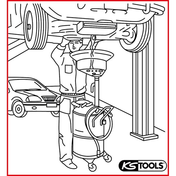 Illustration eines Mechanikers, der einen Ölwechsel an einem Auto auf einer Hebebühne durchführt, mit einem Ölauffanggerät der Marke KS Tools.