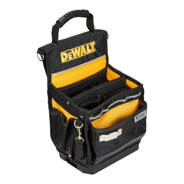 DeWALT Offene Werkzeugtasche mit mehreren Fächern, einem robusten Tragegriff und einem festen Kunststoffboden.