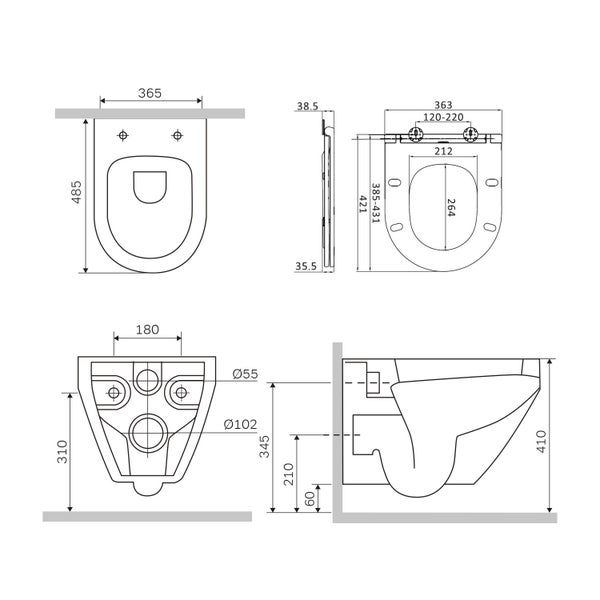 AM.PM Wand-WC  Tiefspüler ohne Spülrand weiß glänzend mit WC-Sitz CSB1700SC Spirit 2.0