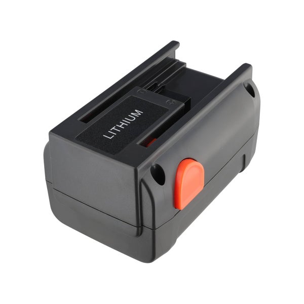 Schwarzer Lithium-Akkumulator für Elektrowerkzeuge mit orangefarbenem Entriegelungsknopf