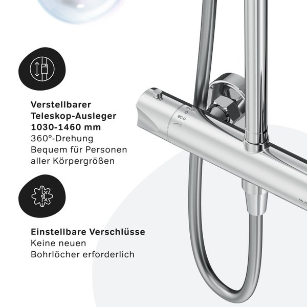 Verstellbare Duscharmatur mit Teleskopausleger von 1030 bis 1460 Millimeter und einstellbaren Verschlüssen