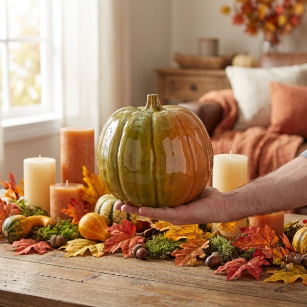 Deko Keramik Kürbis Grün 17,5 cm Herbst Tischdekoration