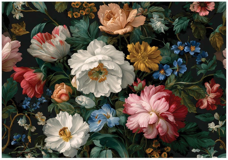 Tapete mit klassischem Blumenmuster und detaillierten floralen Motiven auf dunklem Untergrund für eine elegante Wandgestaltung.
