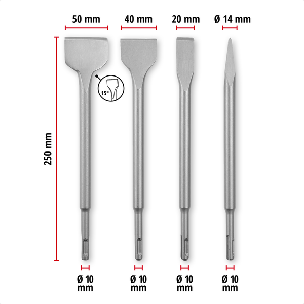 Original Einhell 4-tlg. SDS Plus Meißel-Set, 250 mm (mit Spitzmeißel, 20 mm Flachmeißel, 40 mm Spatmeißel, 50 mm Fliesenmeißel aus langlebigem 40Cr Stahl für Abbruch- und Renovierungsarbeiten)