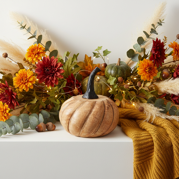 Herbstliche Dekoration mit einem Holz-Kürbis, grünen Zierkürbissen, Dahlien, Pampasgras, Eukalyptus und einer Strickdecke mit Lichterkette.
