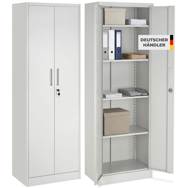 Zweitüriger Aktenschrank aus Metall mit Schloss und verstellbaren Fachböden, Ansicht offen und geschlossen mit Büromaterial, Siegel Deutscher Händler.