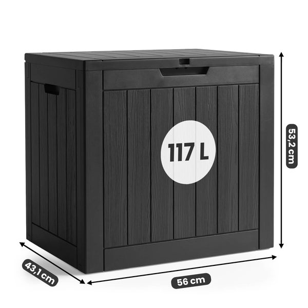 Anthrazitfarbene Gartenbox aus Kunststoff in Holzoptik, 117 Liter. Breite 56 Zentimeter, Tiefe 43,1 Zentimeter, Höhe 53,2 Zentimeter.