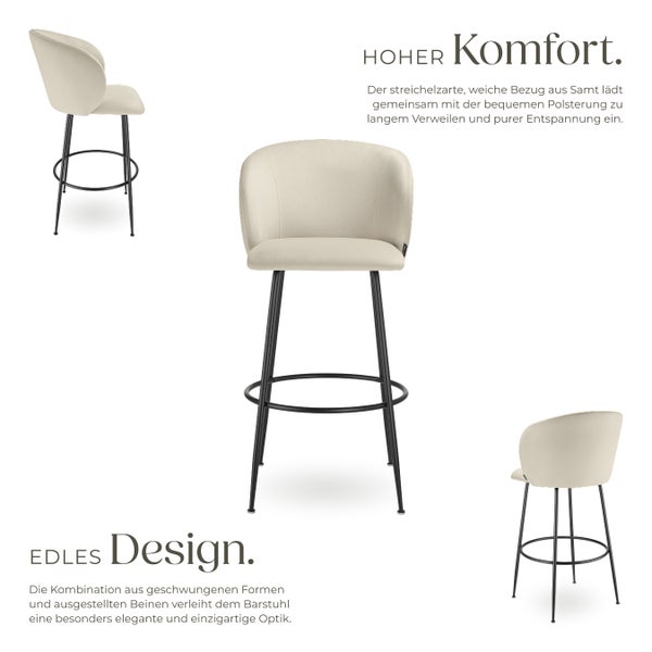 Barstuhl tectake Luana 51 x 60 x 106 cm, Belastbarkeit 120 kg in Samtoptik, gepolstert creme/schwarz