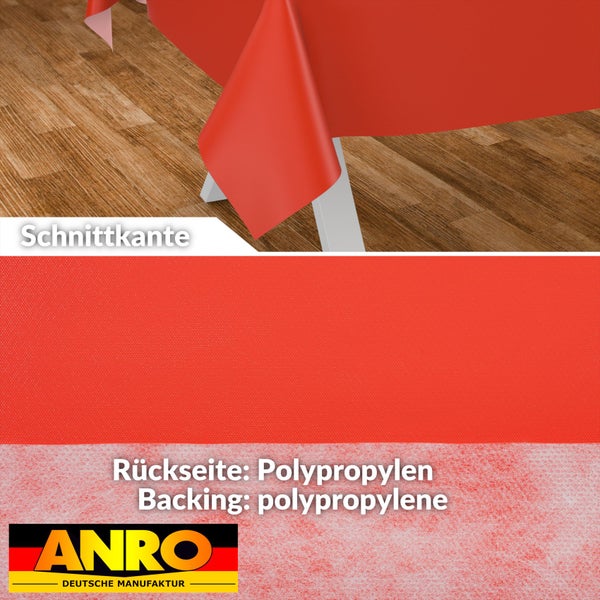 Rote Wachstuch Tischdecke mit Schnittkante und einer Rückseite aus Polypropylen. ANRO Logo.