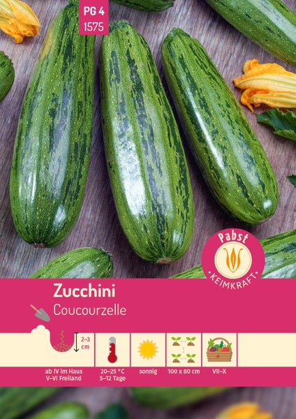 Zucchini Coucourzelle Samenpackung, gestreifte Früchte, Pabst Keimkraft Logo, Symbole für Aussaat, Saattiefe, Temperatur, Standort und Ernte.