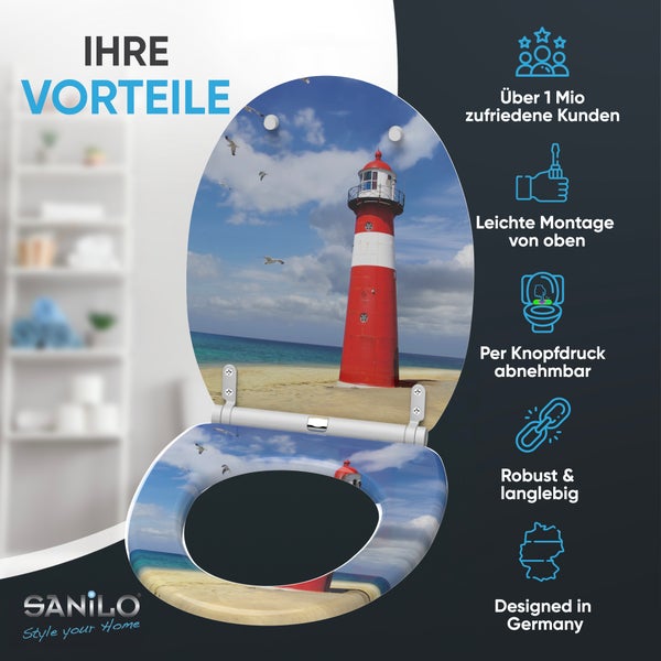 Sanilo WC-Sitz mit Leuchtturm-Motiv, Montage von oben, abnehmbar per Knopfdruck, robust, langlebig, deutsches Design, Sanilo Logo.