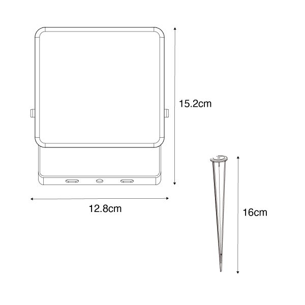 Technische Zeichnung einer quadratischen Solarleuchte mit 15,2 Zentimeter Höhe, 12,8 Zentimeter Breite und einem 16 Zentimeter langen Erdspieß.