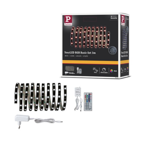 LED Bettlicht Set mit Bewegungsmelder zur automatischen Beleuchtung unter dem Bettgestell inklusive Netzteil und Klebepads für einfache Montage.