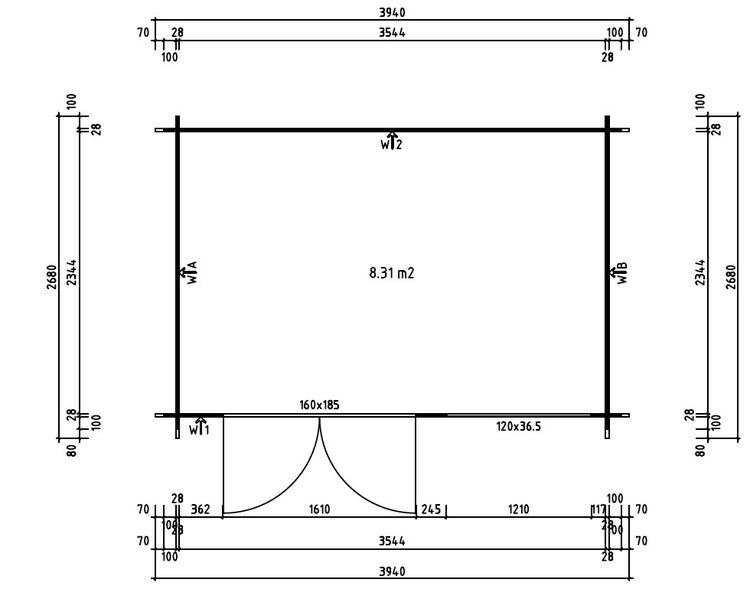 Grundriss eines Gartenhauses mit 8.31 Quadratmetern Grundfläche inklusive detaillierter Bemaßung der Wände und der doppelflügeligen Tür.