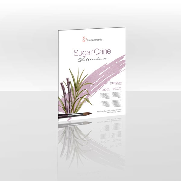 Hahnemühle Logo. Sugar Cane Aquarellblock, 24 mal 32 Zentimeter, 12 Blatt, 290 Gramm pro Quadratmeter, aus Zuckerrohrfasern und Baumwolle.