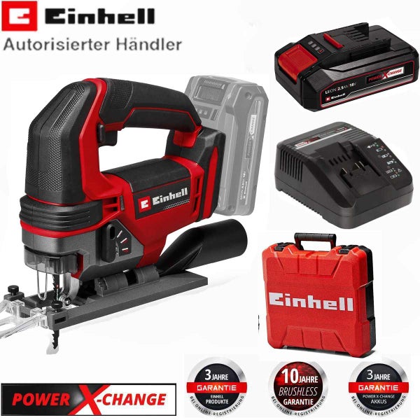Einhell Akku Stichsäge mit Ladegerät, Akku und Koffer im Set mit Einhell Logo und Herstellergarantie sowie Power X Change System.