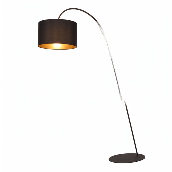 Moderne Bogenstehlampe mit zylindrischem Lampenschirm und stabilem Standfuß für die Wohnraumbeleuchtung.