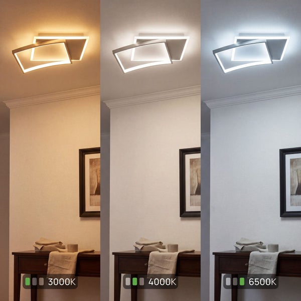 LED-Deckenleuchte mit geometrischen Rahmen, dargestellt in drei Farbtemperaturen: 3000 Kelvin, 4000 Kelvin und 6500 Kelvin.