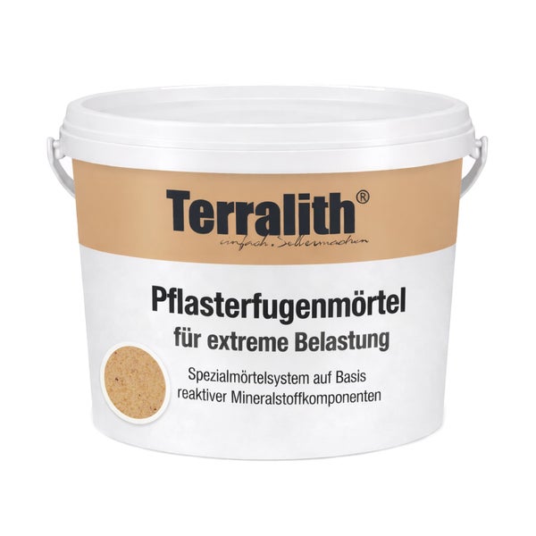 Terralith Pflasterfugenmörtel für extreme Belastung im weißen Eimer. Spezialmörtelsystem auf Basis reaktiver Mineralstoffkomponenten.