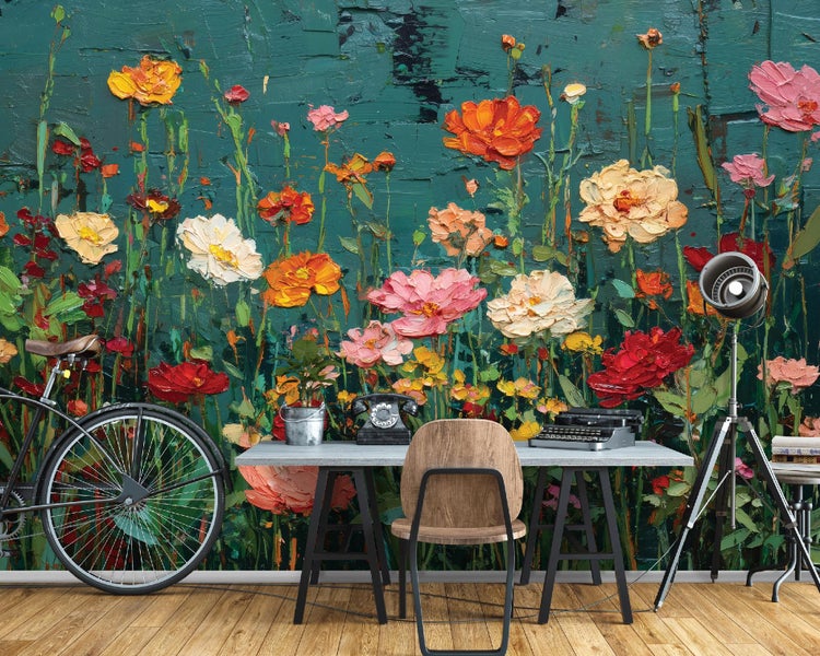 Wandtapete mit gemaltem Blumenmotiv in einem Arbeitszimmer mit Schreibtisch, Stuhl, Fahrrad und Vintage Telefon