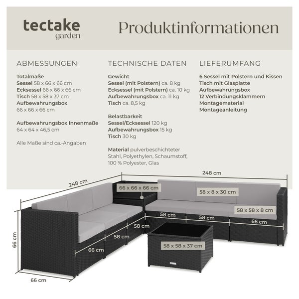 Rattan Lounge tectake Verona mit Sicherheitsglasplatte für 6 Personen schwarz