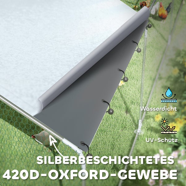 PawHut Hühnerstall Freilaufgehege aus Stahl, 300 x 800 x 195 cm Hühnerkäfig mit UV-beständiger Abdeckung, Futtertür, Hängefütterung, Sitzstange, Hühnergehege für 24-30 Hühner, Kleintiere, Silber