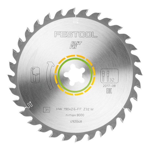Festool Kreissägeblatt mit 32 Zähnen, Durchmesser 190 Millimeter, FastFix-Aufnahme und technischen Angaben.