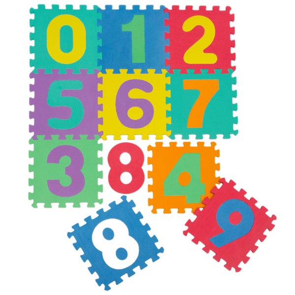 Spielmatte aus Schaumstoff als Puzzleteile mit Zahlen von null bis neun für Kinder.