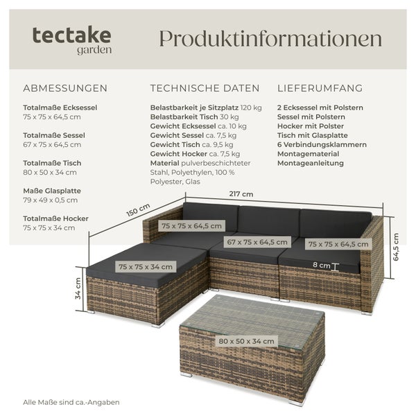 Rattan Lounge tectake Florenz mit Sicherheitsglasplatte für 3 bis 4 Personen natur