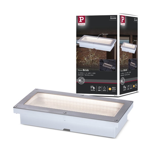 Rechteckige LED Bodeneinbauleuchte aus Edelstahl mit strukturiertem Glas fuer den Aussenbereich.