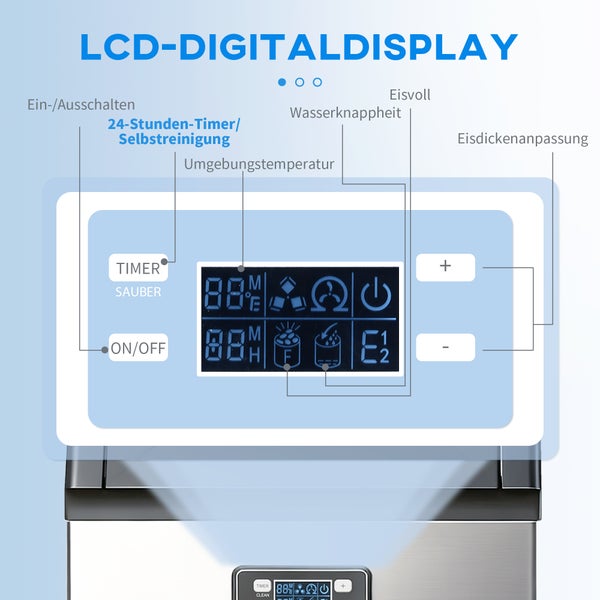 Digitaldisplay einer Eiswürfelmaschine mit Timer, Selbstreinigung, Temperaturanzeige, Wasserwarnung, Eisstandsanzeige und Eisdickenanpassung.