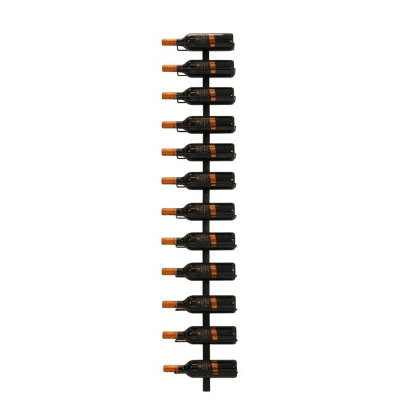 Schwarzes, vertikales Wand-Weinregal aus Metall für zwölf liegende Weinflaschen.