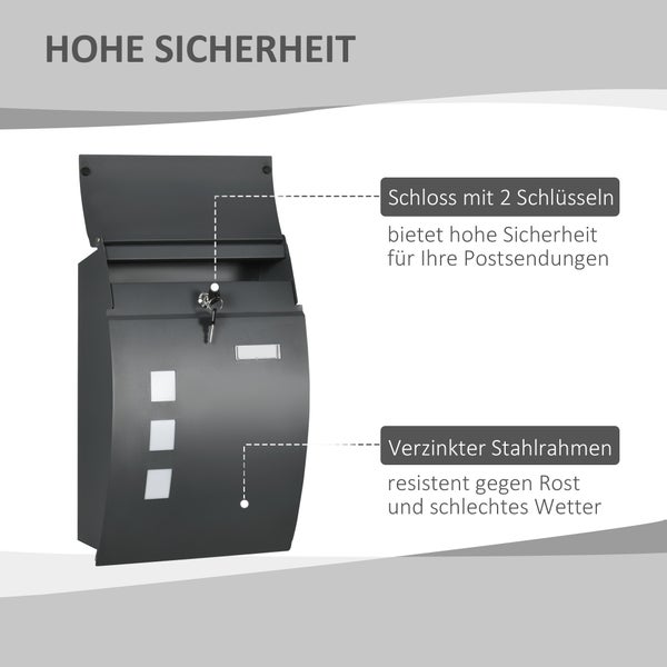 HOMCOM Briefkasten Postkasten mit Deckel, Schloss, Wandbriefkasten mit Sichtfenster Wasserloch aus Verzinktem Stahl, für Outdoor, 32 x 10 x 45 cm, Dunkelgrau
