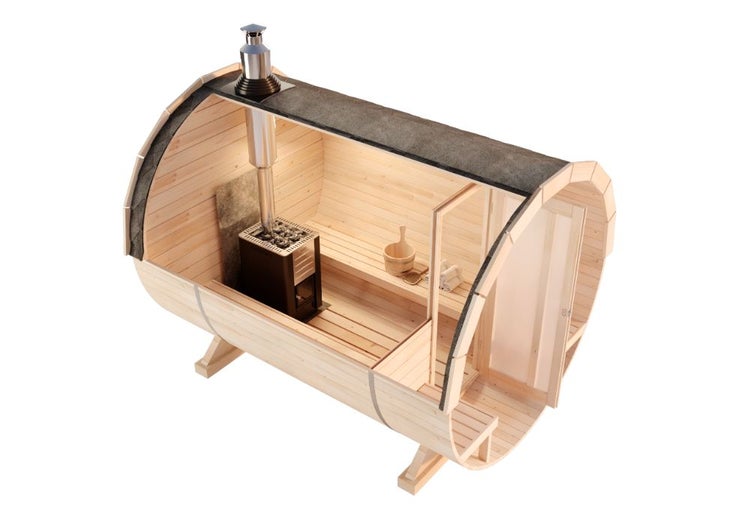 FinnTherm Fasssauna Carrie Fasssauna 2 Sitzbänke aus Holz, Sauna mit 42 mm Wandstärke, Außensauna mit Montagematerial, Naturbelassen