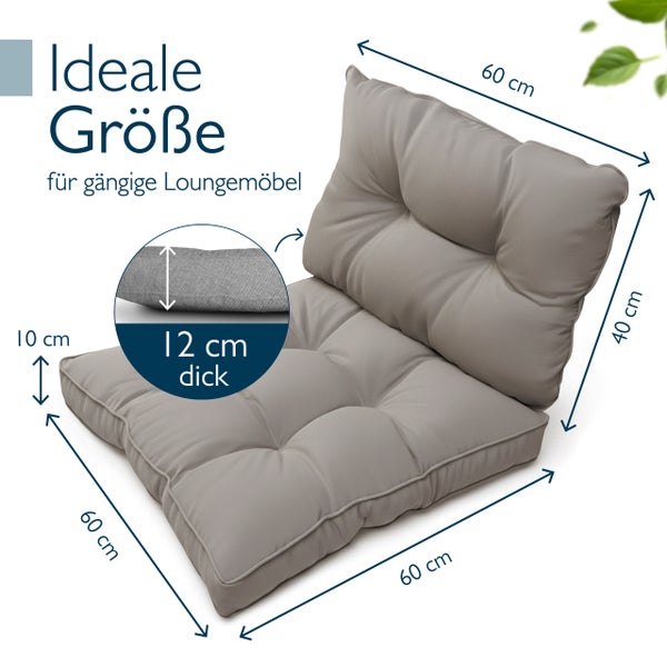 Lounge-Kissen-Set: Sitzkissen 60 mal 60 mal 10 Zentimeter, Rückenkissen 60 mal 40 Zentimeter, Dicke bis 12 Zentimeter.