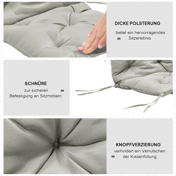 Detailansicht eines Sitzkissens mit dicker Polsterung, Befestigungsschnüren und Knopfsteppung für stabilen Halt der Füllung.