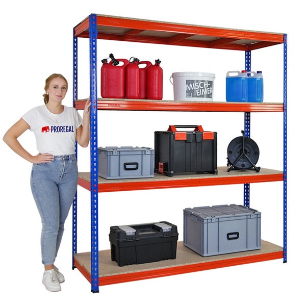 PROREGAL Profi Schwerlastregal Bison HxBxT 200 x 180 x 60 cm 4 Spanplatten-Ebenen 16mm Fachlast 600 kg Blau-Orange