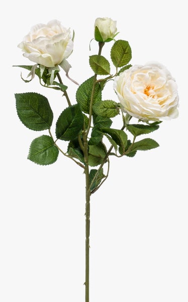 Künstlicher cremefarbener Rosenzweig mit zwei offenen Blüten und einer Knospe sowie grünen Blättern.