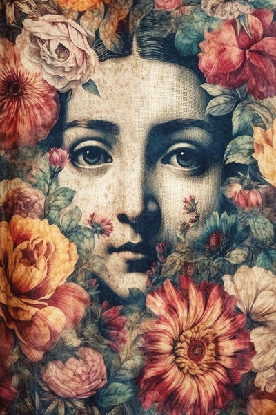 Porträt einer Frau umgeben von Blumen, Wanddekoration