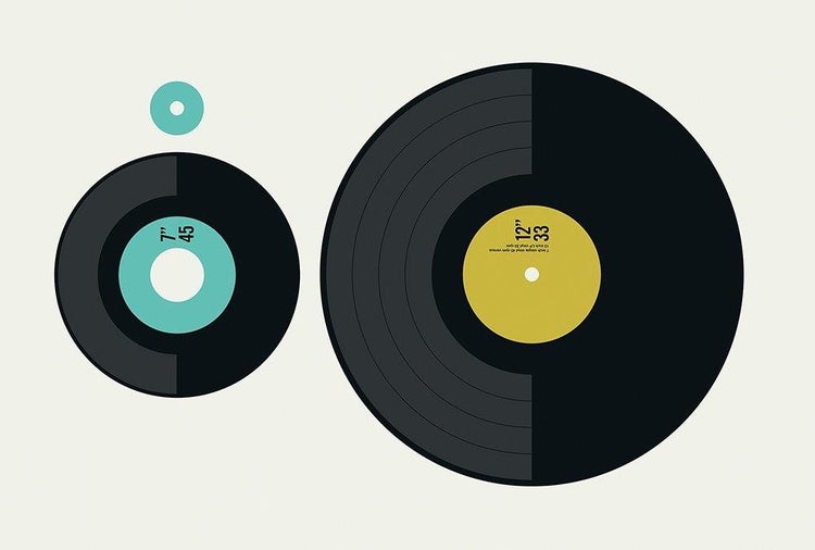 Minimalistische Grafik von zwei Schallplatten: eine 7 Zoll Single mit 45 Umdrehungen pro Minute und eine 12 Zoll LP mit 33 Umdrehungen pro Minute.