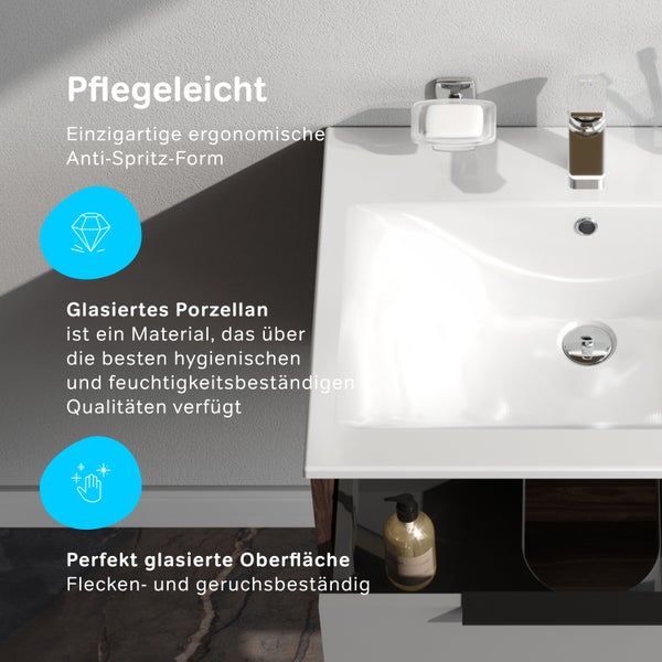 Waschbecken aus glasiertem Porzellan mit ergonomischer Form und pflegeleichter Oberfläche in einem Badezimmer.