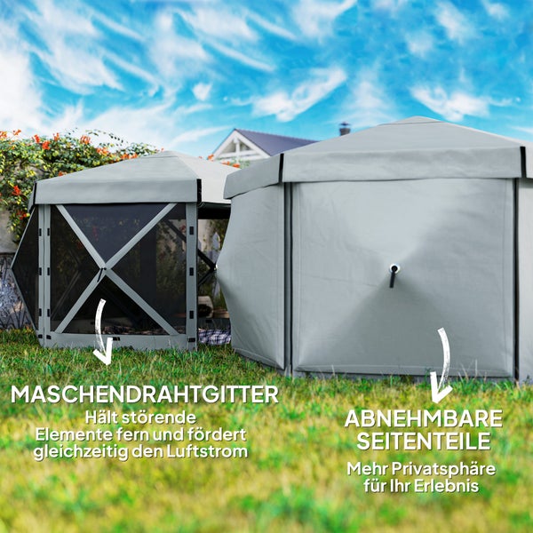 Outsunny Pavillon sechseckig ca. 3,6x3m Wasserdicht Pop-up Faltpavillon mit 5 Seitenteilen Tasche Faltbar Partyzelt UV 30+ Winterfest Gartenzelt Gartenpavillon für Camping Garten Festival, Hellgrau